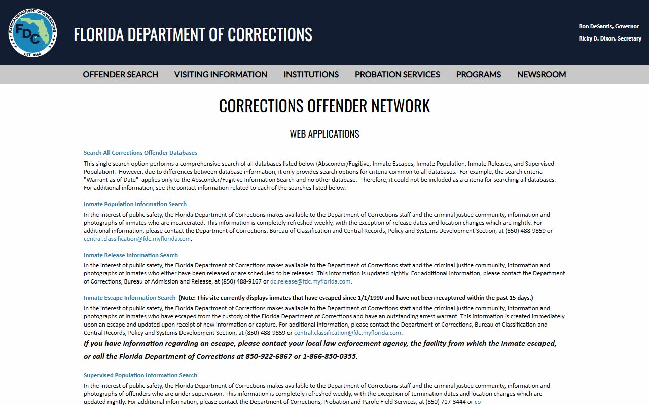 Florida Department of Corrections offender search menu for the Levy County state prison population