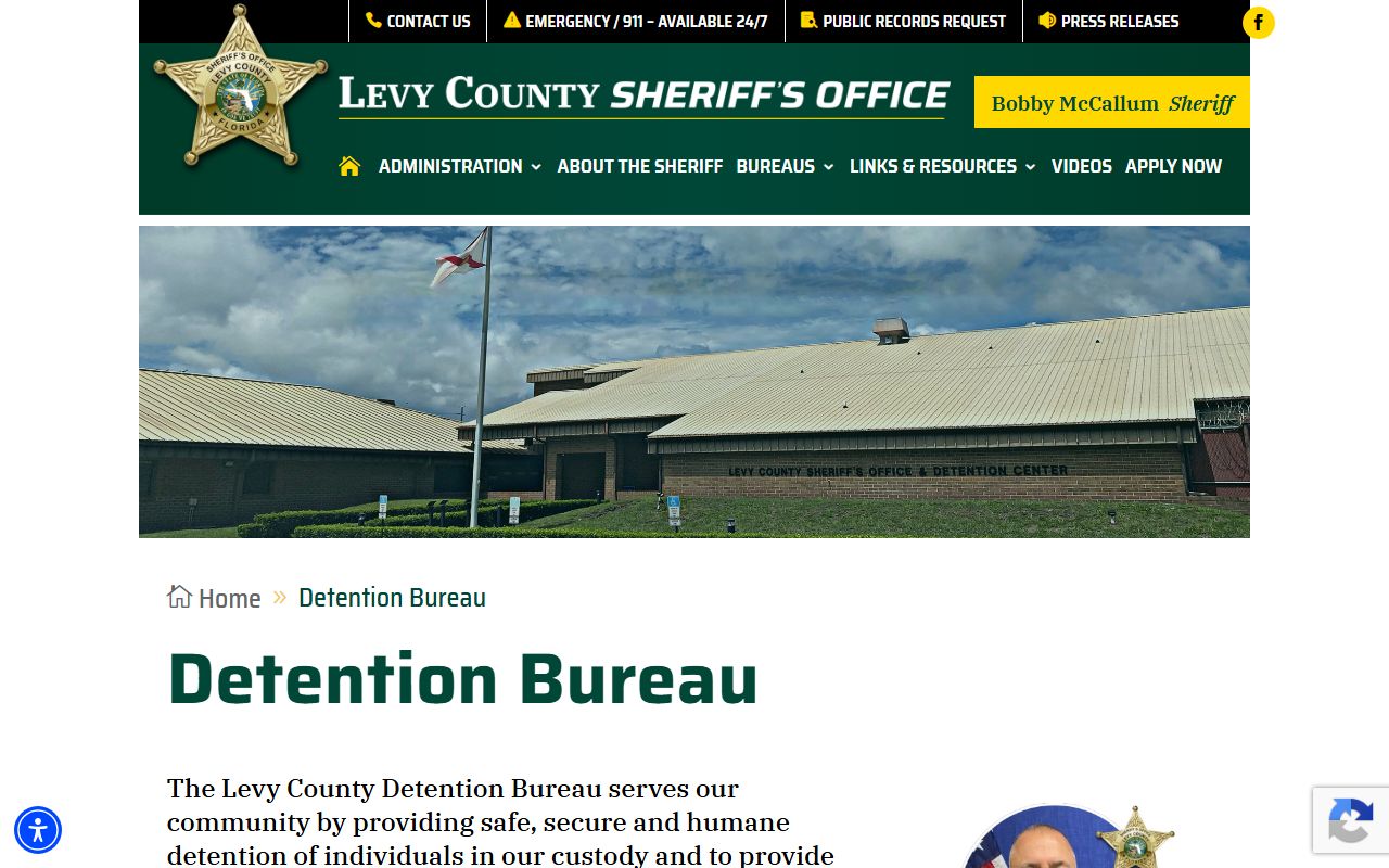 Levy County Detention Bureau page showing jail capacity and inmate population details