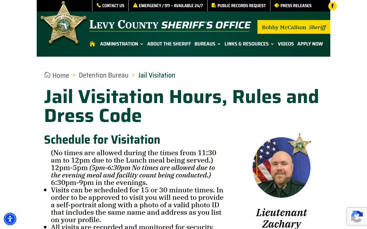 Levy County jail visitation page showing remote visit schedule, rules, and dress code