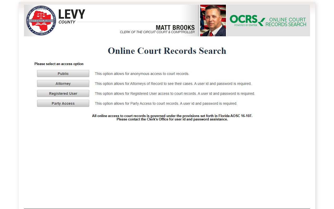 Levy County OCRS court records access options for public, attorney, registered, and party users