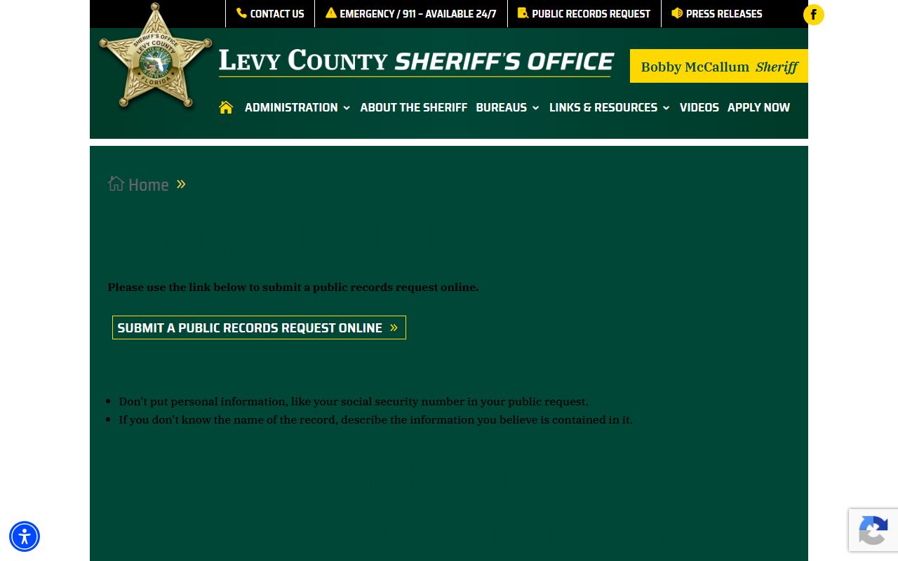 Levy County Sheriff's Office public records request instructions for booking records and photos